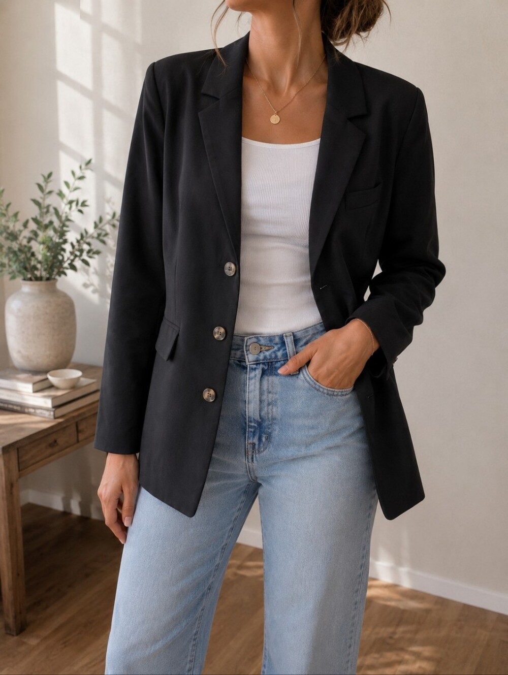 Anthropologie Black Blazer Women Size 6 Three Button Tailored Lined Jacket